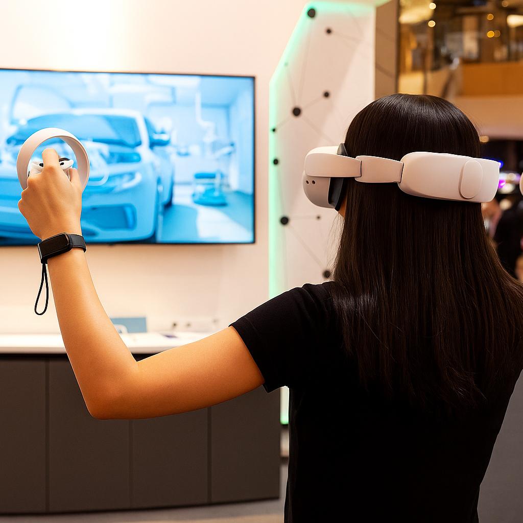 Emirati man wearing VR headset, immersed in virtual reality gaming experience, promoting VR game rental and development services by mirrorboothdubai.com in Dubai